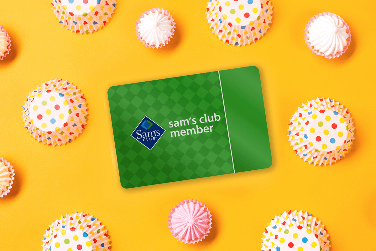 Green Sam's Club gift card on a yellow background with cupcakes