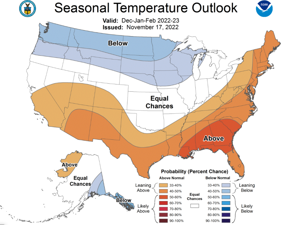 Seasonal Temperature Outlook in the U.S. for Dec. 2022 to Feb. 2023.