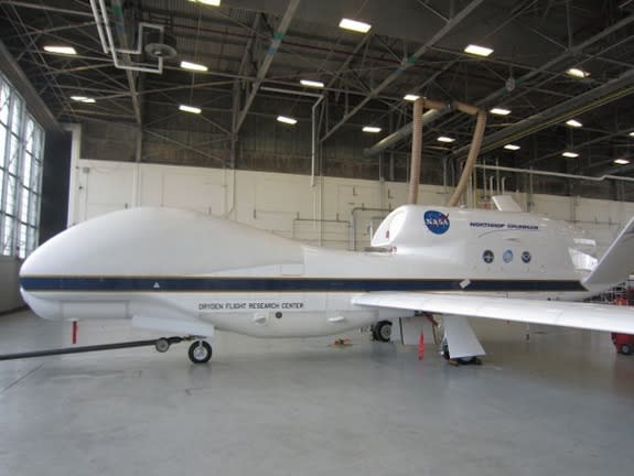 An unmanned Global Hawk aircraft inside a hangar at NASA's Wallops Flight Facility in Wallops Island, Va.