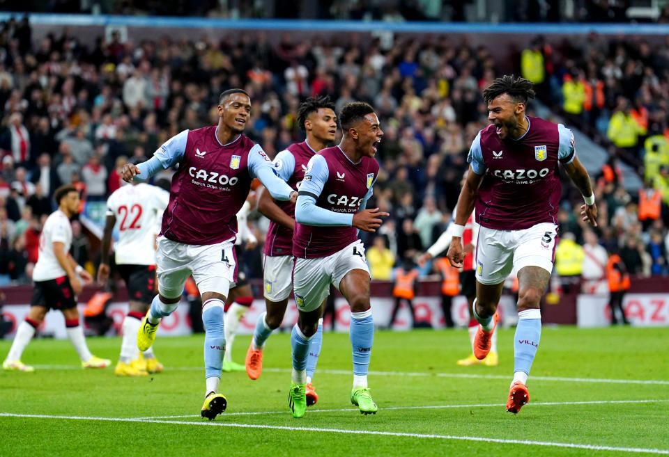 Aston Villa's Jacob Ramsey (centre) celebrates scoring their side's first goal of the game during the Premier League match at Villa Park, Birmingham. Picture date: Friday September 16, 2022. (Photo by Martin Rickett/PA Images via Getty Images)