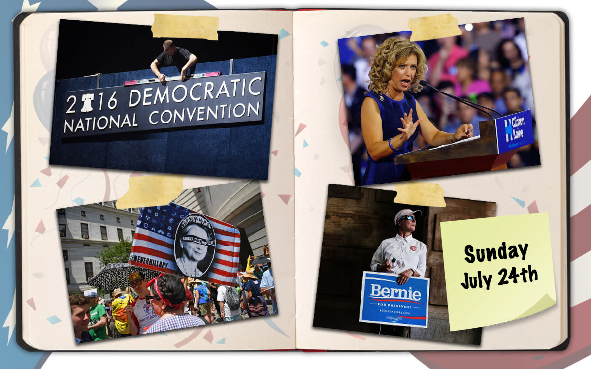 Banners are hung, Wasserman Schultz resigns, protests are underway and Bernie supporters are on the ground in Philadelphia. (Photo illustration: Yahoo News; photos (clockwise, from top right): Drew Angerer/Getty Images, Scott Audette/Reuters, Jeff J Mitchell/Getty Images, Spencer Platt/Getty Images, background photos: Getty Images [3])