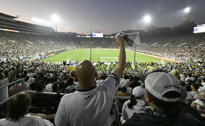 PASADENA, CA - JULY 04: LA Galaxy fans cheer as the team plays against Los Angeles FC.