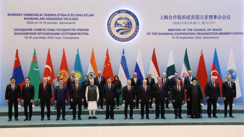 World leaders pose for a photo during the Shanghai Cooperation Organization summit in Samarkand, Uzbekistan, on September 16, 2022.  - Murat Kula/Anadolu Agency/Getty Images/FILE