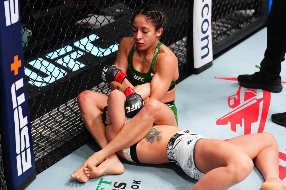 LAS VEGAS, NEVADA - SEPTEMBER 07: (R-L) Jaqueline Amorim of Brazil secures an arm bar submission against Vanessa Demopoulos in a strawweight fight during the UFC Fight Night event at UFC APEX on September 07, 2024 in Las Vegas, Nevada. (Photo by Chris Unger/Zuffa LLC via Getty Images)