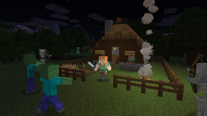 A house under attack from zombies in the video game Minecraft