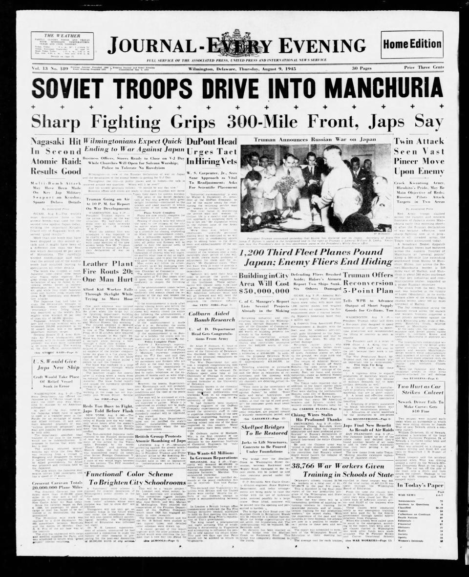 Front page of the Journal-Every Evening from Aug. 9, 1945.