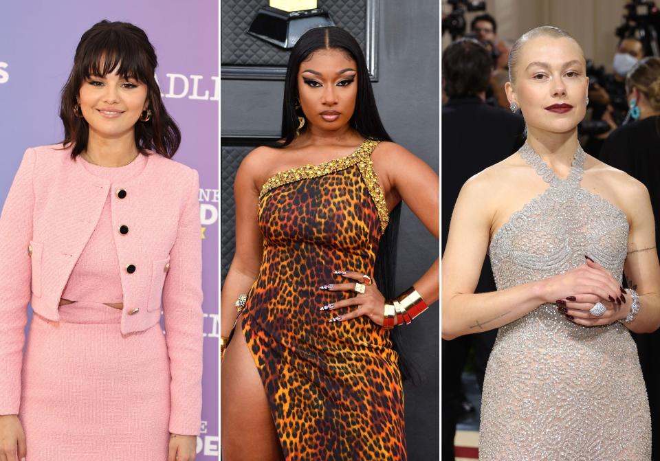 From left, Selena Gomez, Megan Thee Stallion and Phoebe Bridgers are among more than 150 stars who signed a petition condemning the possible overturn of Roe v. Wade in a Planned Parenthood ad appearing in the New York Times.