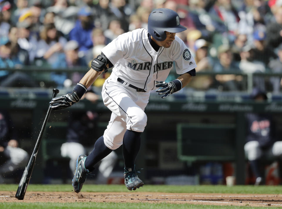 FILE - Seattle Mariners' Ichiro Suzuki heads to first base after hitting a single against the Cleveland Indians during the third inning of a baseball game March 31, 2018, in Seattle. Suzuki headlines the group of players who are eligible for Hall of Fame voting a year from now. That ballot is also expected to include Cy Young Award winners CC Sabathia and Félix Hernández — and the final chance for reliever Billy Wagner, who fell five votes short this time.(AP Photo/Ted S. Warren, File)