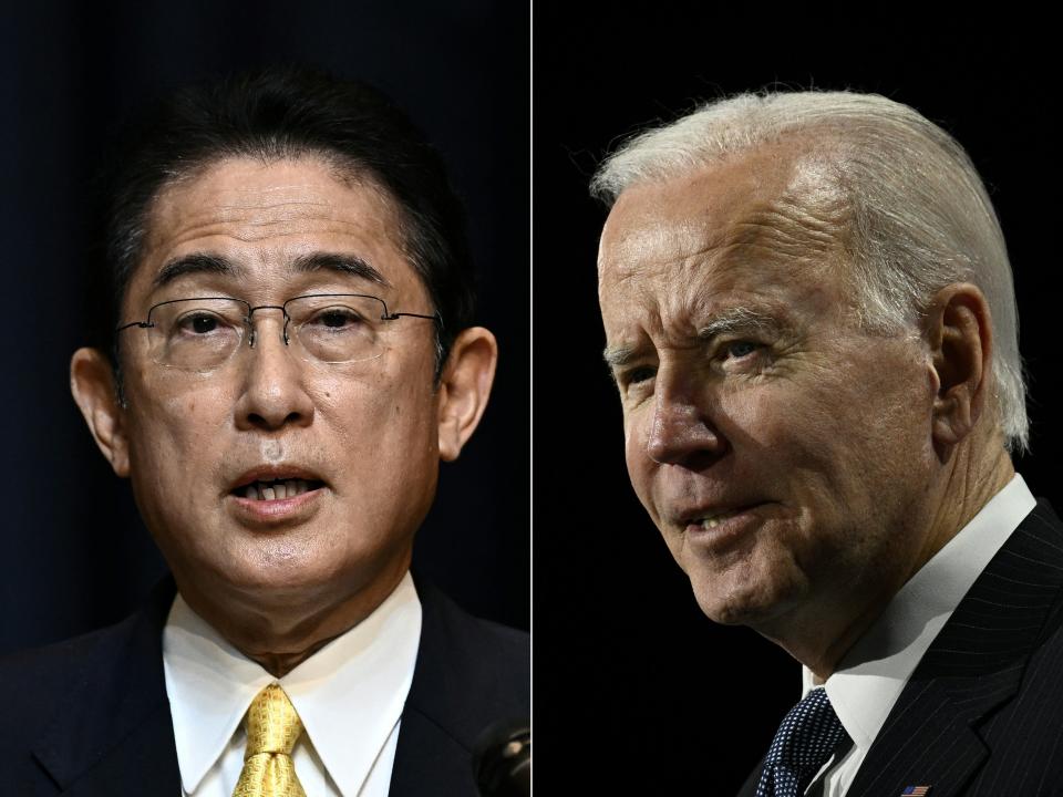 (COMBO) This combination of images taken on January 3, 2023 shows Japan's Prime Minister Fumio Kishida (L) at a news conference during the Asia-Pacific Economic Cooperation (APEC) Summit in Bangkok November 19, 2022 and the United States President Joe Biden (R) at the US-Africa Business Forum during the US-Africa Leaders Summit at the Walter E. Washington Convention Center in Washington, DC on December 14, 2022. - US President Joe Biden will host Japan's Prime Minister Fumio Kishida on Jan. 13, the White House said in a statement Tuesday.