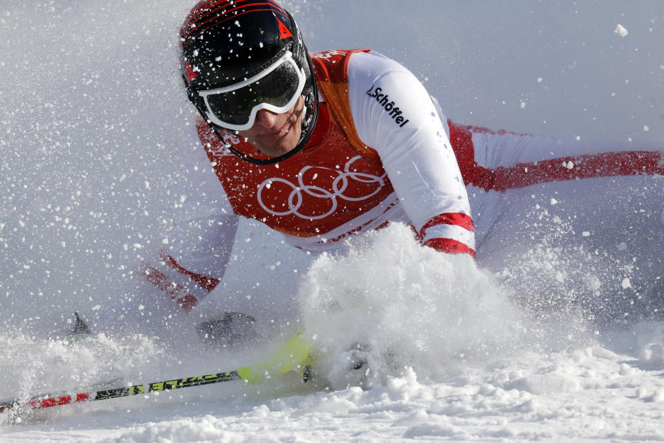 <p>Matthias Mayer of Austria crashes out during the Alpine Skiing Men’s Combined at Jeongseon Alpine Centre on February 13, 2018 in Pyeongchang-gun, South Korea. (Photo by Alexis Boichard/Agence Zoom/Getty Images) </p>