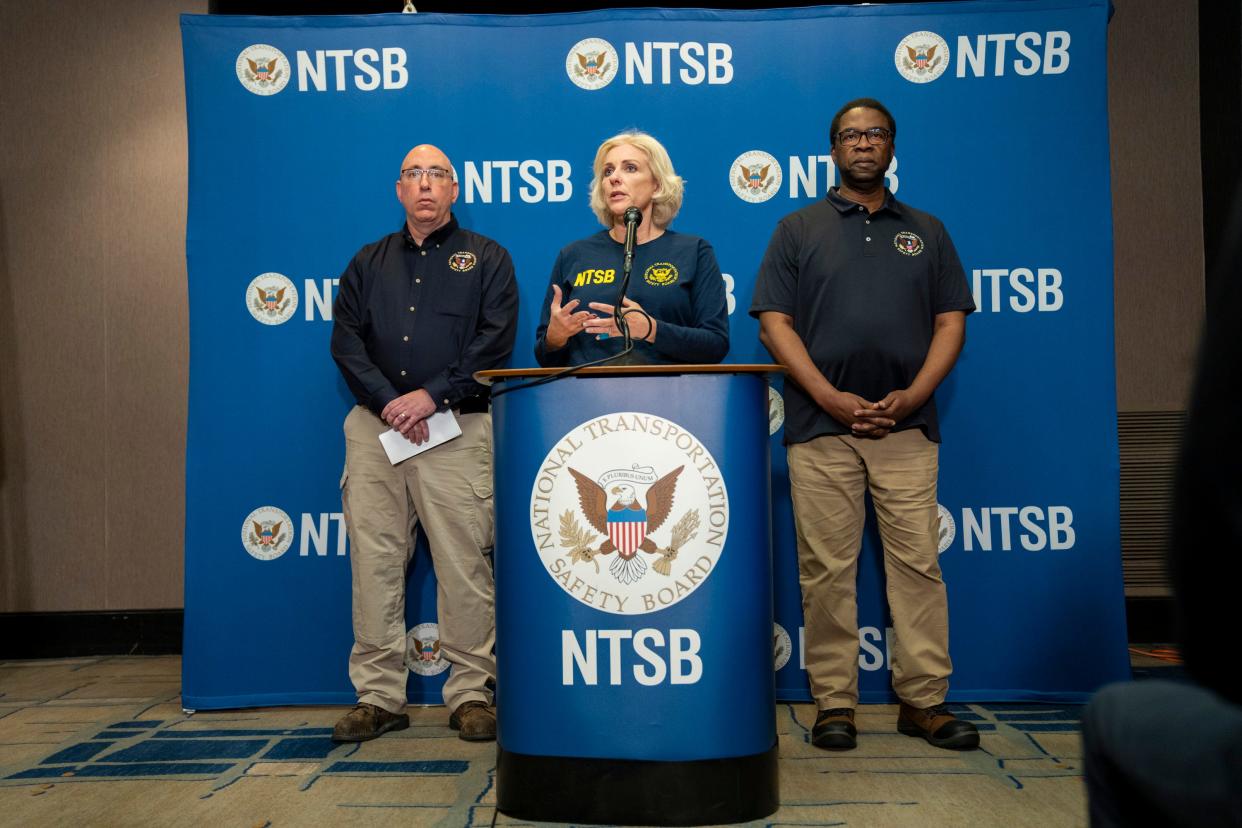 Former Jacksonville mayor Alvin Brown (at right) joins fellow National Transportation Safety Board member Jennifer Homendy (center), at a news conference Wednesday giving updates on the investigation into the crash of a cargo container ship in to the Francis Scott Key Bridge in Baltimore. NTSB lead investigator Marcel Muise (left) will spearhead the investigation.