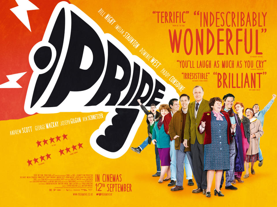 Movie poster for "Pride" featuring Andrew Scott, George MacKay, Joseph Gilgun, and Imelda Staunton with positive reviews and a release date of September 12