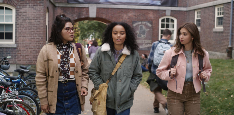 This image released by Disney shows, from left, Belissa Escobedo as Izzy, Whitney Peak as Becca, and Lilia Buckingham as Cassie in "Hocus Pocus 2." (Disney via AP)