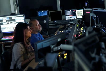 Employees are seen at the control room of Greek private channel SKAI in Athens, Greece, August 30, 2016. REUTERS/Alkis Konstantinidis