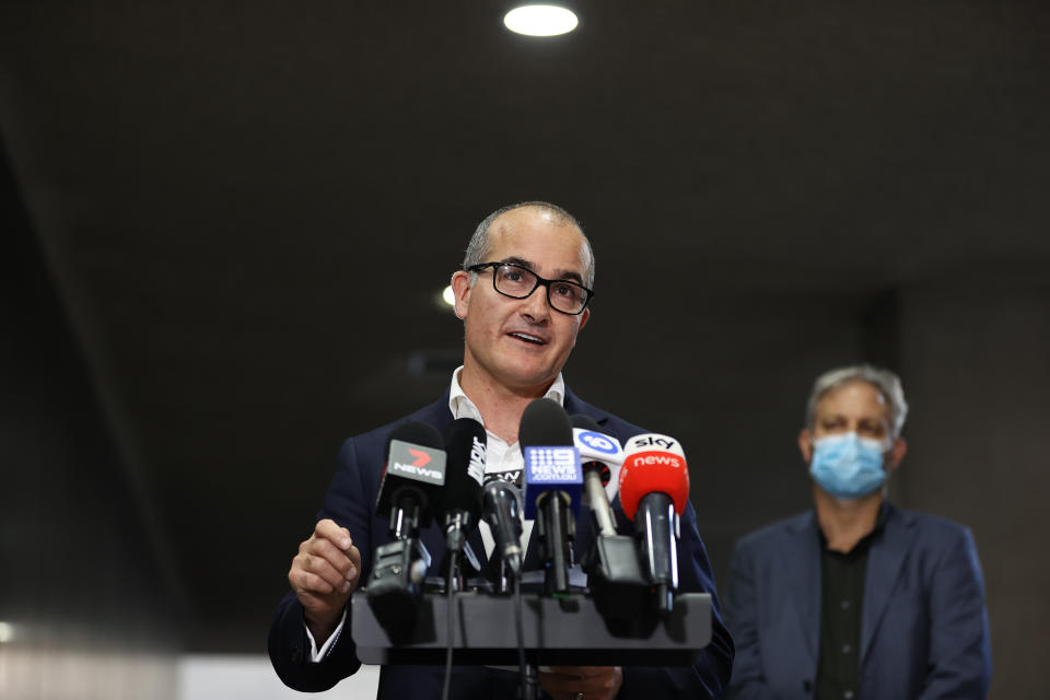 MELBOURNE, AUSTRALIA - MAY 27: Acting Premier James Merlino speaks to the media on May 27, 2021 in Melbourne, Australia. There are now 34 cases linked to a current cluster which spans several households and a workplace, with numerous exposure sites across many different parts of Melbourne and Bendigo. Victoria will go into a 7 day circuit breaker lockdown restrictions from 11:59pm Thursday 27 May to 11:59pm Thursday 3 June 2021. The recent outbreak in Melbourne has been linked to the South Australian hotel quarantine breach earlier this month. (Photo by Robert Cianflone/Getty Images)