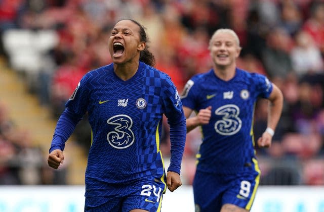 Chelsea’s Drew Spence celebrates her goal in the 6-1 victory over Manchester United