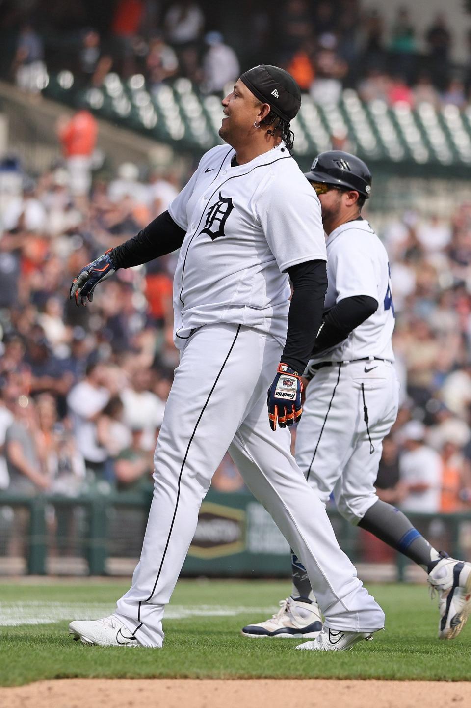Detroit Tigers' Miguel Cabrera celebrates his walk off 11th inning RBI single to beat the San Francisco Giants 7-6 at Comerica Park on April 15, 2023 in Detroit.