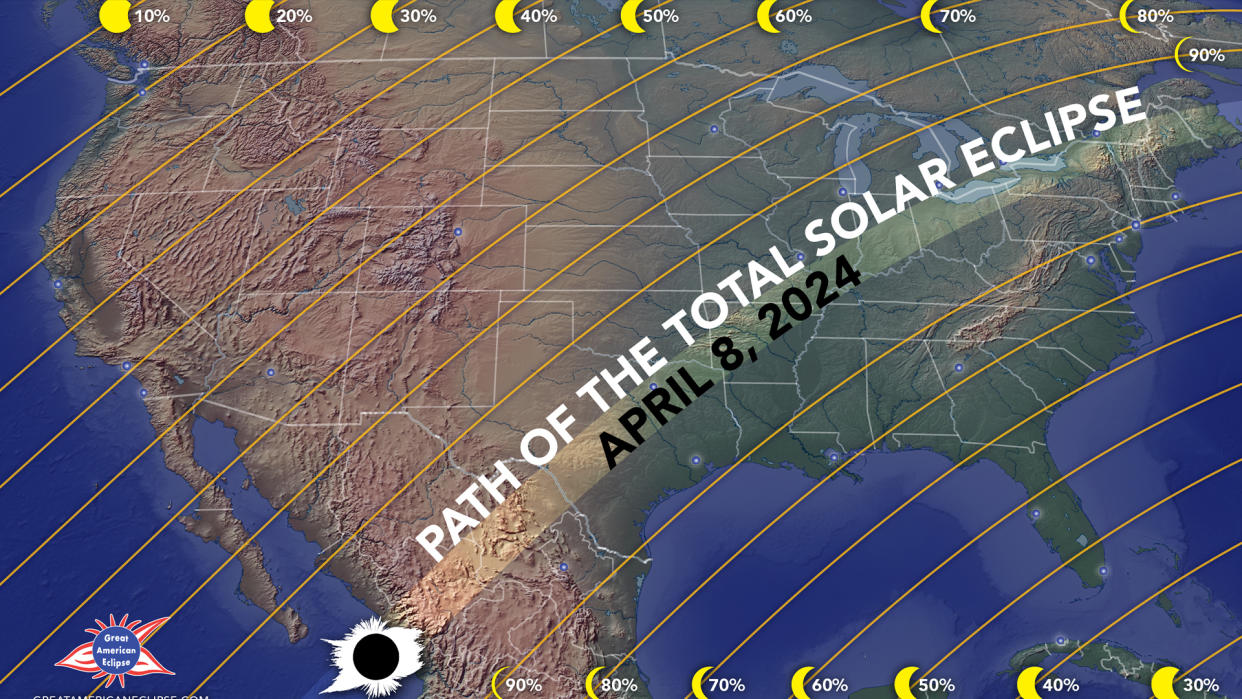  Map of north america showing the path of the april 8 solar eclipse. 