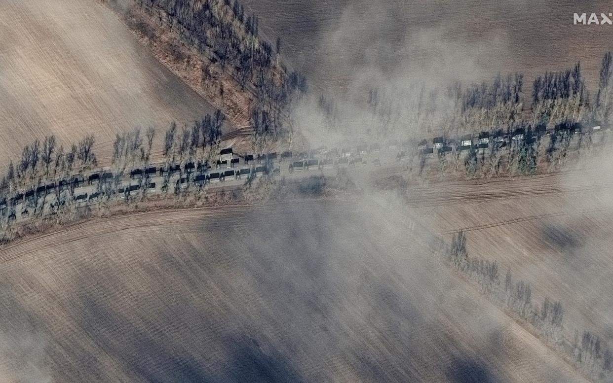 A satellite image shows Russian ground forces northeast of Ivankiv heading in the direction of Kyiv - REUTERS