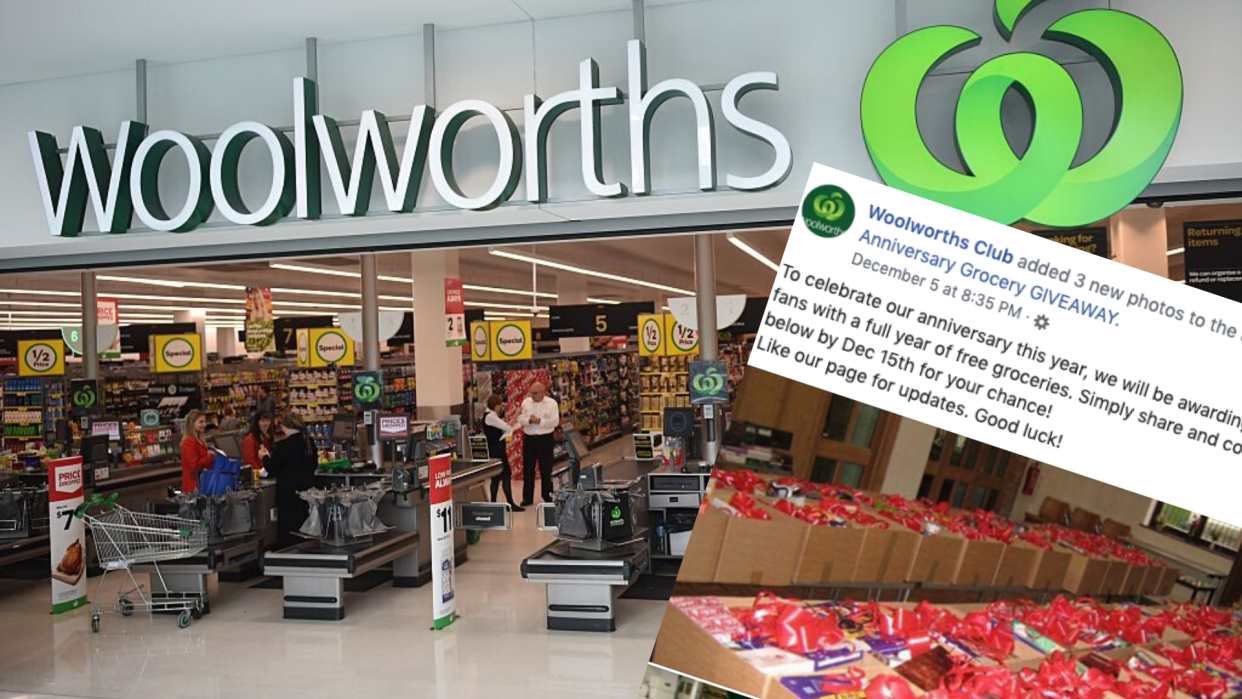 Pictured: Woolworths supermarket, Woolworths scam post on Facebook. Images: Getty, Facebook