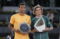 Andrey Rublev, of Russia, right, holds his trophy after winning against Felix Auger-Aliassime, of Canada, left, in the Madrid Open men's final match in Madrid, Spain, Sunday, May 5, 2024. (AP Photo/Manu Fernandez)