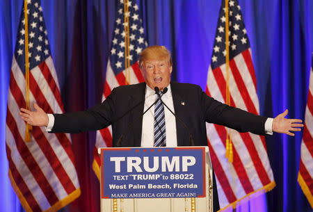 U.S. Republican presidential candidate Donald Trump speaks at a press event at his Trump International Golf Club in West Palm Beach, Florida, March 5, 2016. REUTERS/Joe Skipper