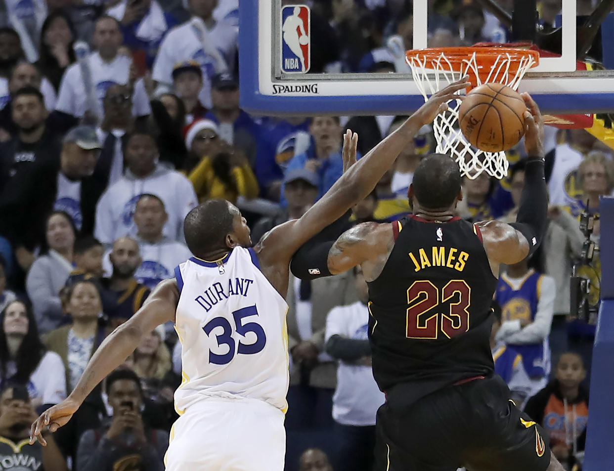 Kevin Durant controversially blocks LeBron James. (AP)