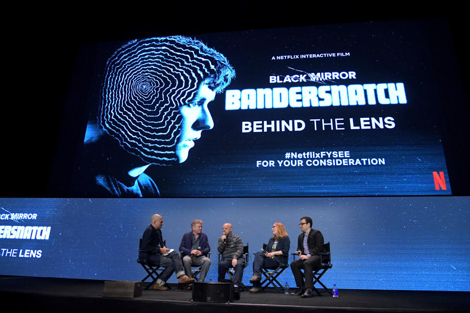 LOS ANGELES, CALIFORNIA - MAY 31: (L-R) Dominic Patten, Russell McLean, David Slade, Netflix Director of Product Innovation Carla Engelbrecht and Netflix Director of Original Series Andy Weil speak onstage during Netflix FYSEE Behind The Lens for Black Mirror's 'Bandersnatch' at Raleigh Studios on May 31, 2019 in Los Angeles, California. (Photo by Charley Gallay/Getty Images for Netflix)