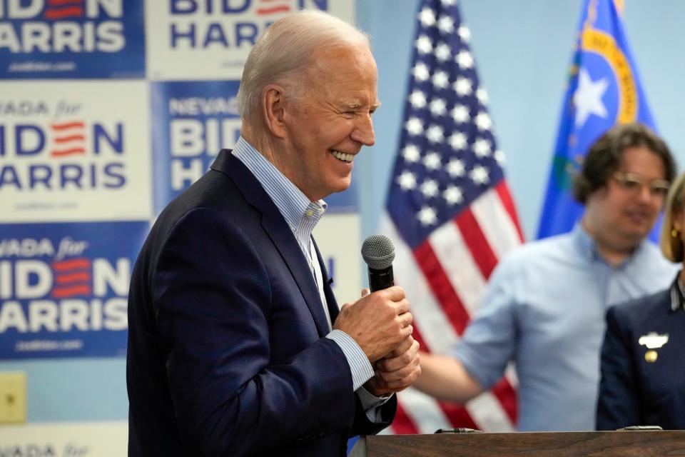 President Joe Biden speaks at the Washoe Democratic Party Office in Reno, Nev., Tuesday March 19, 2024. (AP Photo/Jacquelyn Martin)