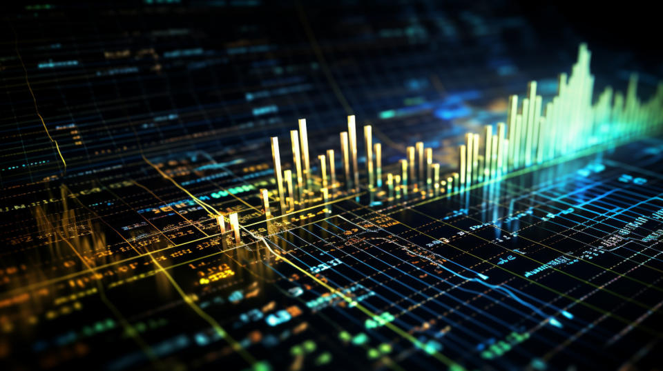 A close-up of a financial chart with complex data points.