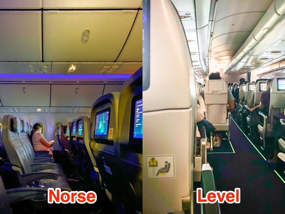Left: A row of plane seats in the dark with blue blowing lights on the wall. Right: A view of the plane cabin from the back with the lights on