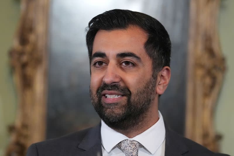 Scotland's First Minister Humza Yousaf speaks during a press conference at Bute House