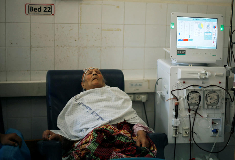 A patient undergoes dialysis