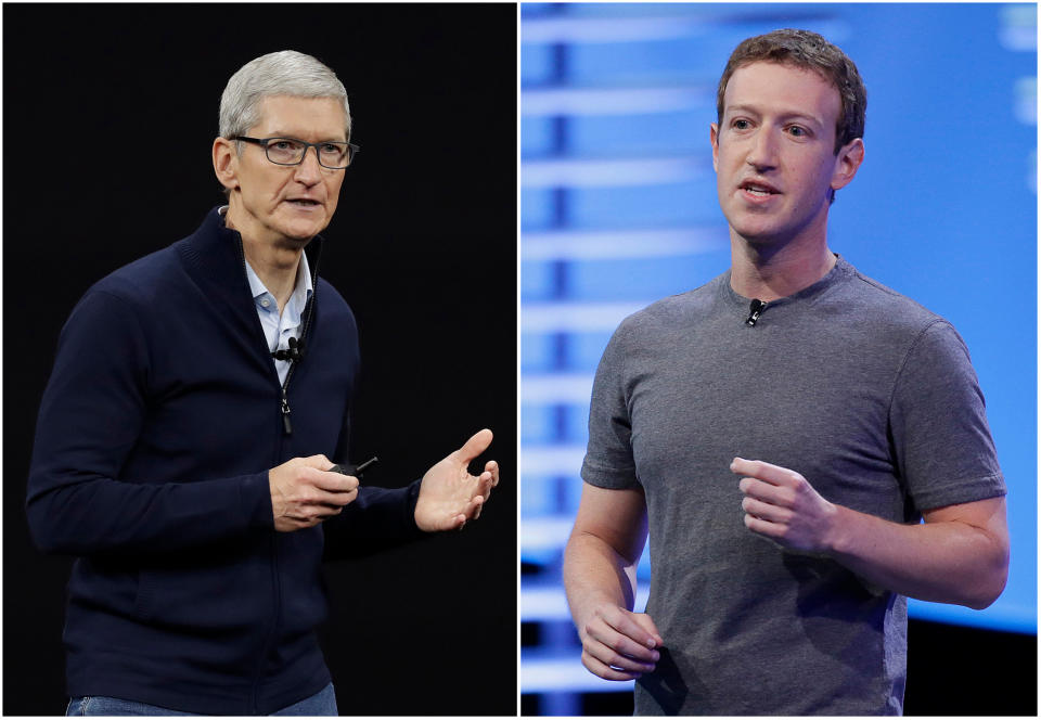 FILE - In this combo of file photos, Apple CEO Tim Cook speaks on the new Apple campus on Sept. 12, 2017, in Cupertino, Calif., left, and Facebook CEO Mark Zuckerberg speaks at the F8 Facebook Developer Conference on April 12, 2016, in San Francisco, right. Facebook is again pushing back on new Apple privacy rules for its mobile devices, this time saying the social media giant is standing up for small businesses in full page newspaper ads. In ads that ran in The New York Times, The Wall Street Journal and other national newspapers, Facebook said Apple's new rules “limit businesses ability to run personalized ads and reach their customers effectively." (AP Photo/Eric Risberg, File)