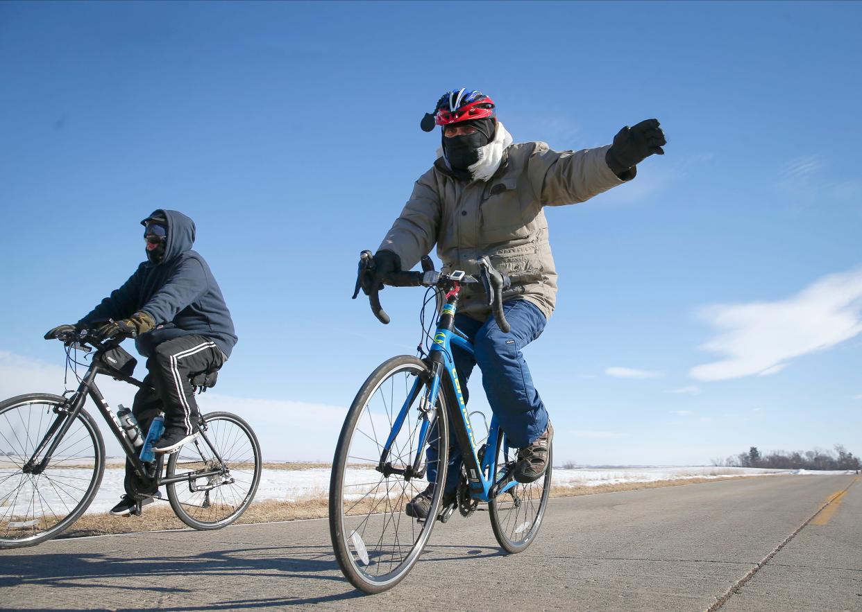 Cyclists make their way along the route during the 45th annual Bike Ride to Rippey (BRR Ride) on Saturday, Feb. 5, 2022.