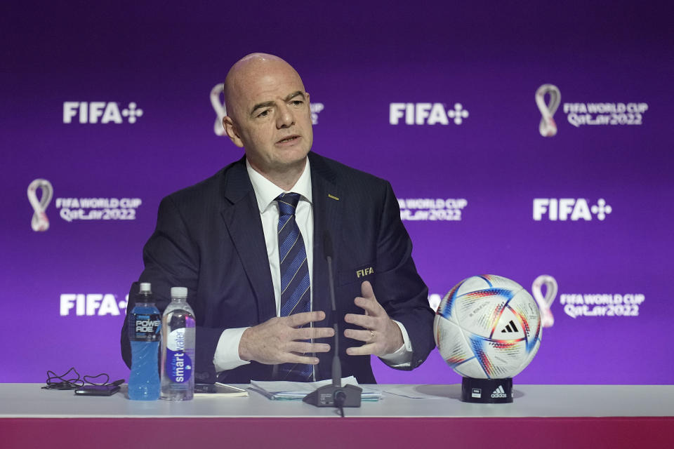 FIFA President Gianni Infantino speaks at a press conference Saturday, Nov. 19, 2022 in Doha, Qatar. (AP Photo/Abbie Parr)