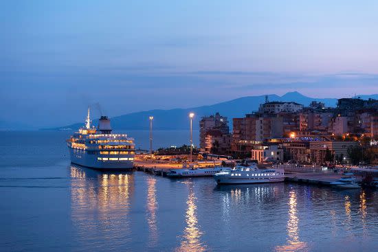 Mandatory Credit: Photo by Barbara Boensch/imageBROKER/Shutterstock (10024011a)
Cruise ship, ferry port at night, Saranda, Ionian Sea, Albania
VARIOUS - Copyright: Barbara Boensch/imageBROKER/Shutterstock