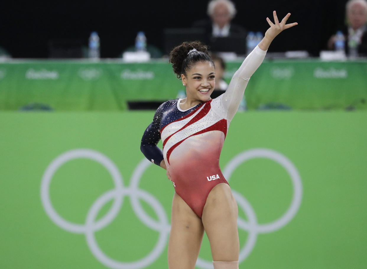 United States' Lauren Hernandez performs on the floor during the artistic gymnastics women's team final at the 2016 Summer Olympics in Rio de Janeiro, Brazil, Tuesday, Aug. 9, 2016. (AP Photo/Charlie Riedel)