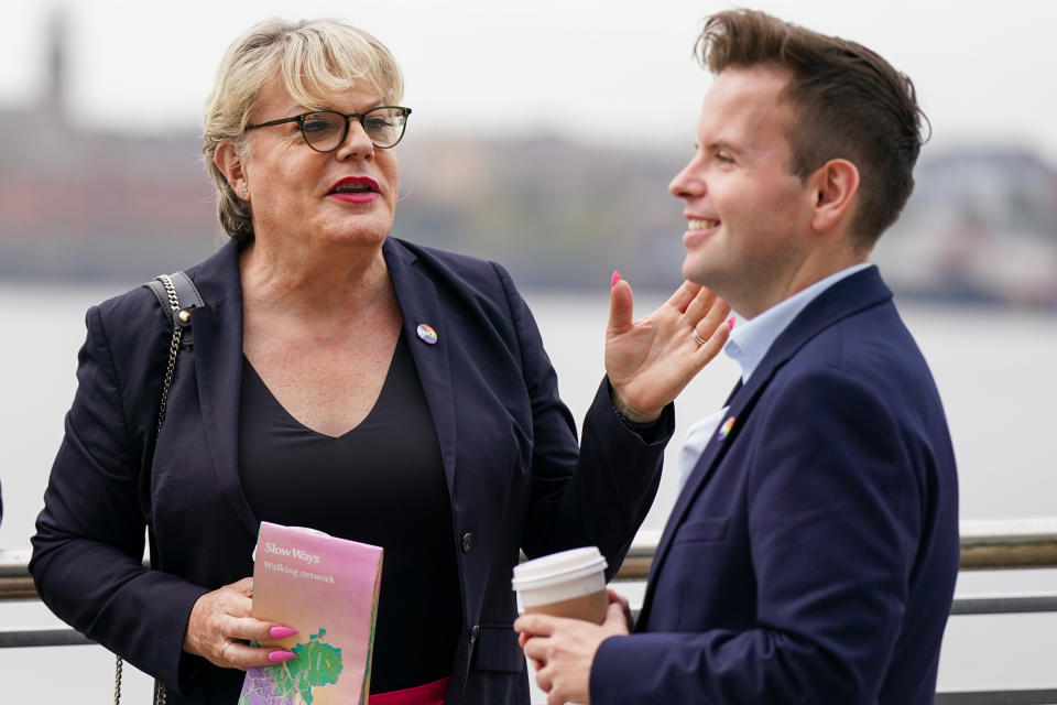 Eddie Izzard (L) attends day two of the Labour Party conference on October 09, 2023 in Liverpool, England. Shadow Chancellor Rachel Reeves is among Labour MPs and Shadow Ministers addressing delegates on day two of party conference.  (Photo by Ian Forsyth/Getty Images)