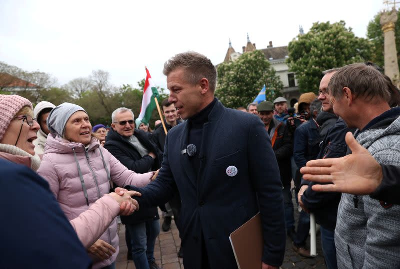 Magyar, former government insider and leader of the Respect and Freedom (TISZA) Party meets with supporters at an EP election campaign tour in Szekszard