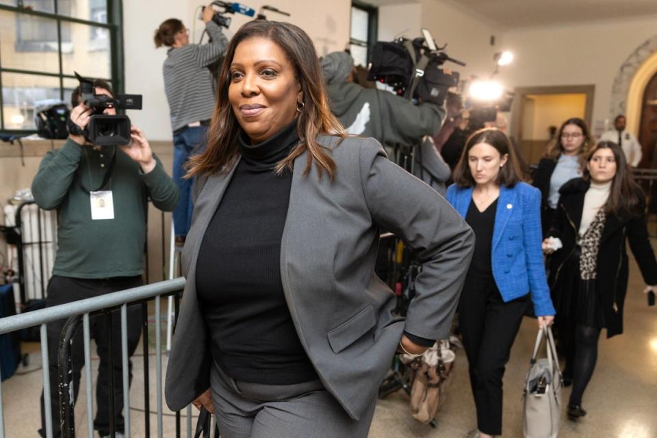New York Attorney General Letitia James leaves Judge Arthur Engoron’s courtroom after hearing testimony from Donald Trump Jr on 1 November (EPA)