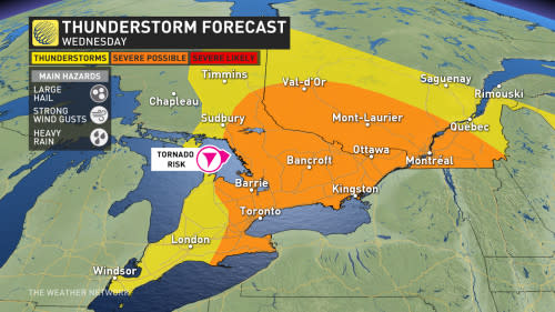 southern Ontario Quebec Wednesday thunderstorm risk May 21 2024