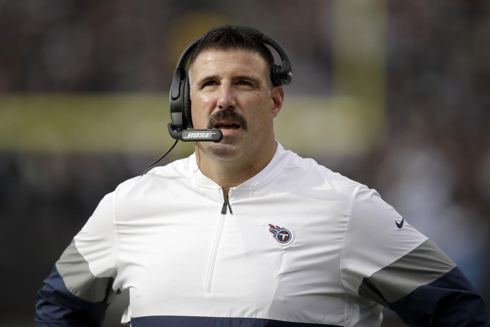 Tennessee Titans head coach Mike Vrabel watches during the first half of an NFL football game between the Oakland Raiders and the Titans in Oakland, Calif., Sunday, Dec. 8, 2019. (AP Photo/Ben Margot)