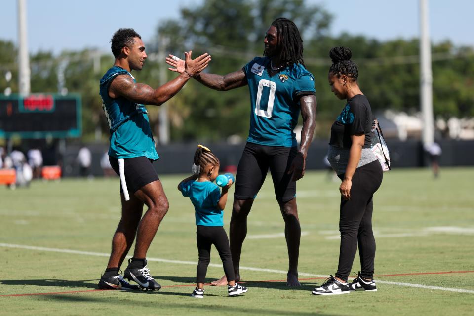 Jul 26, 2023; Jacksonville, FL, USA; Jacksonville Jaguars wide receiver Calvin Ridley (0) and wide receiver Christian Kirk (13) participates in training camp at Miller Electric Performance Center. Mandatory Credit: Nathan Ray Seebeck-USA TODAY Sports