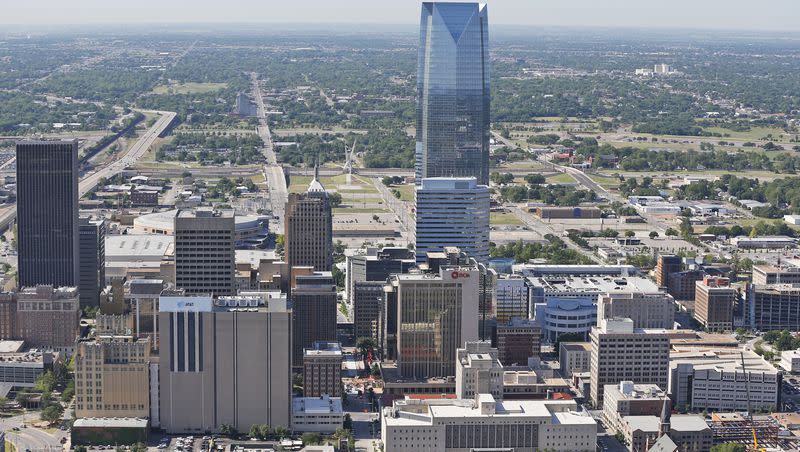 The Oklahoma City skyline is pictured in an aerial photo, Thursday, May 15, 2014.