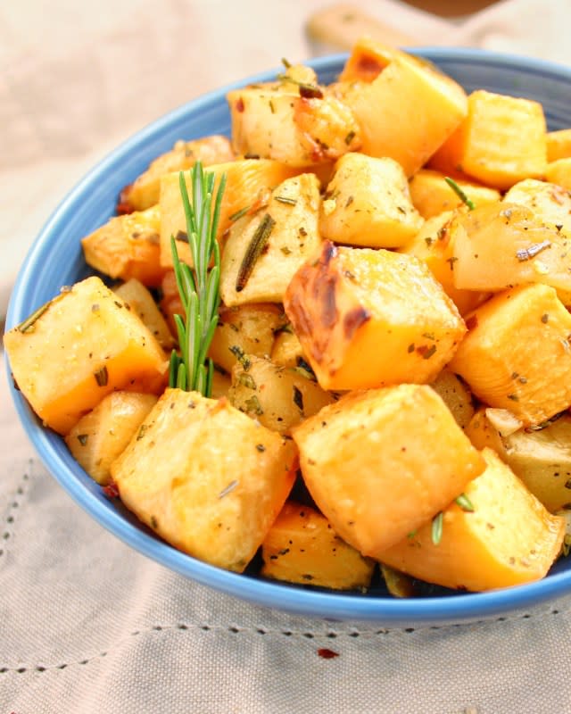 <p>My Body My Kitchen</p><p>Roast rutabagas alongside honeycrisp apples make the an amazing side dish.</p><p><strong>Get the recipe: <a href="https://mybodymykitchen.com/roasted-rutabaga-apples/" rel="nofollow noopener" target="_blank" data-ylk="slk:Roasted Rutabagas and Apples;elm:context_link;itc:0;sec:content-canvas" class="link rapid-noclick-resp"><em>Roasted Rutabagas and Apples</em></a></strong></p>