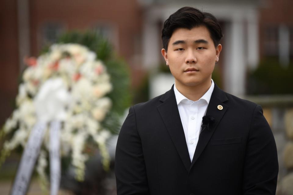 Brian Jon, the founder of Asian American Youth Council, talks about their experience with racism, at Huyler Park in Tenafly