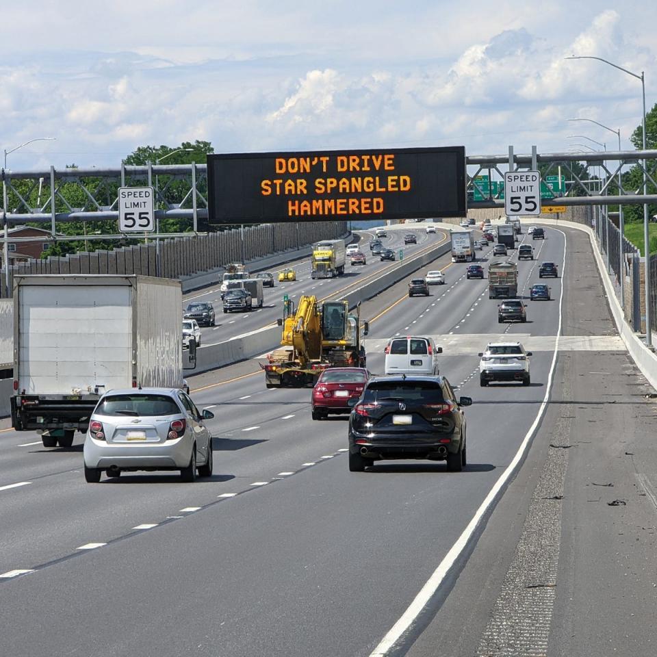 A Pennsylvania Department of Transportation roadside safety sign that says: "Don't drive star spangled hammered."