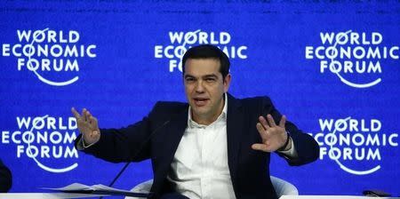 Greek Prime Minister Alexis Tsipras gestures during the session 'The Future of Europe' at the annual meeting of the World Economic Forum (WEF) in Davos, Switzerland January 21, 2016. REUTERS/Ruben Sprich