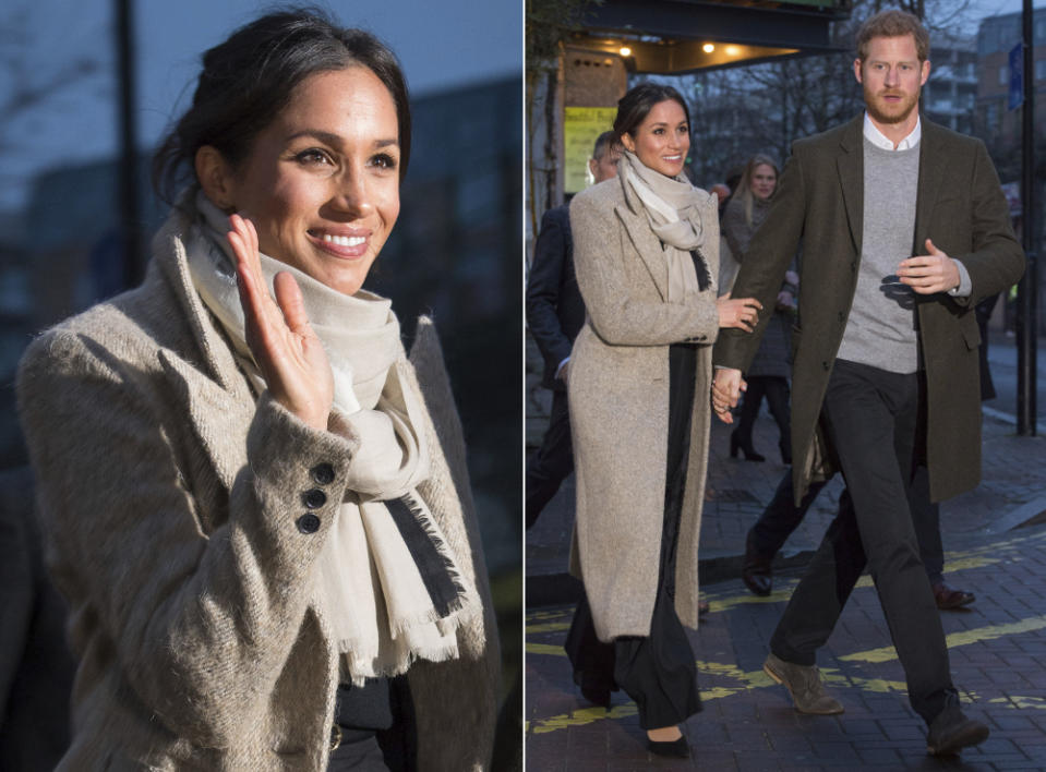 <p>Es darf etwas gediegener und erwachsener zugehen? Meghan Markle macht vor, wie’s geht. Mit ihrem Harry auf Besuch bei Radio Reprezent 107.3FM in London trug sie einen taillierten Mantel in angesagter 7/8-Länge von Smythe mit kunstvoll drapiertem XXL-Schal und Marlene-Hosen von Burberry. Man beachte: Selbst Prinzessin-in-spe Meghan trug nur einen Hauch von Make-up und verzichtete weitgehend auf aufwändiges Haar-Styling – denn neben dem 90er-Revival ist 2018 kein Trend so wichtig wie Natürlichkeit! (9. Januar 2018, Bilder: AP) </p>